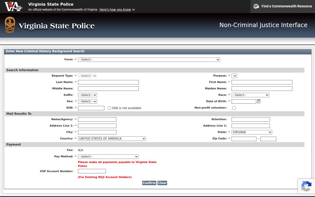 Virginia criminal history form system serving Scott County records